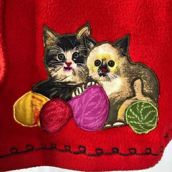 VINTAGE Take Two fleece shirt jacket button front cat applique red M - Picture 3 of 11